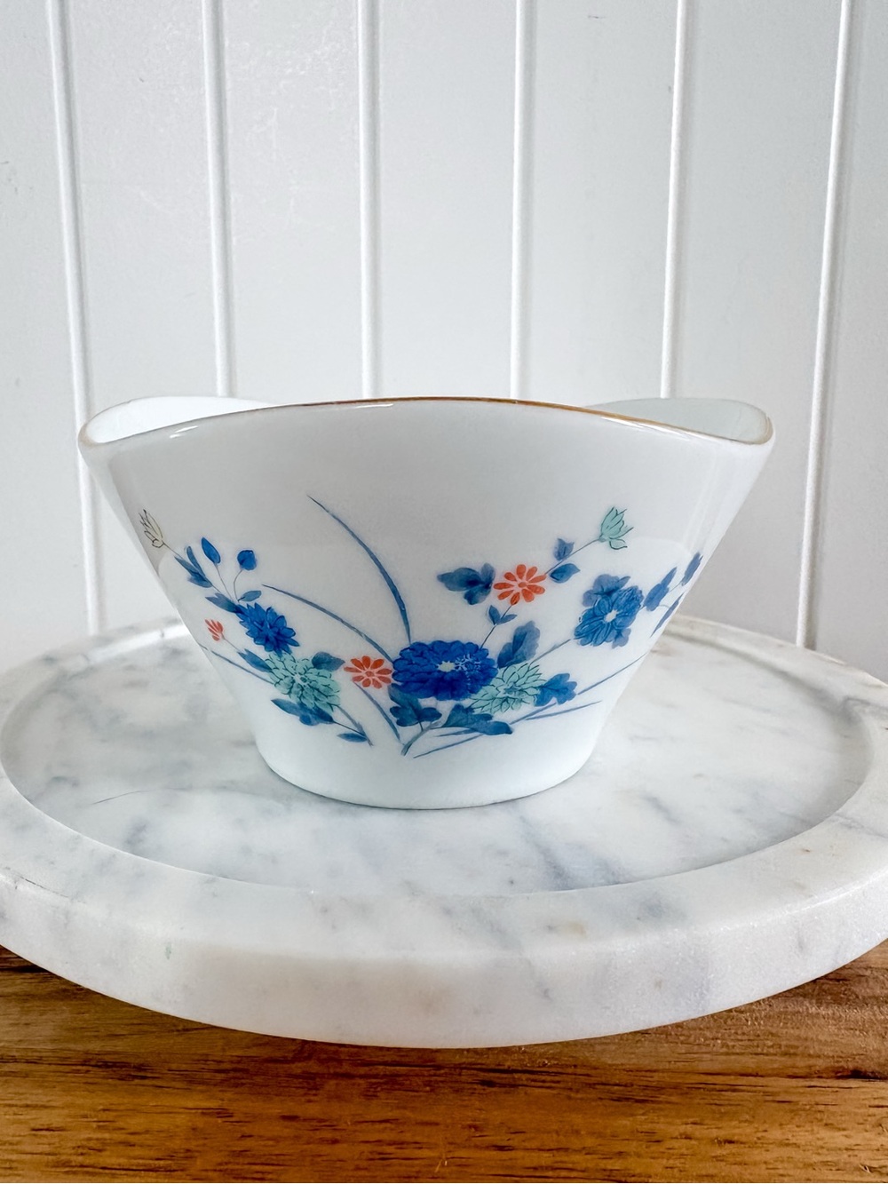 Japanese Porcelain Blue Floral High Low Bowl Gold Trim